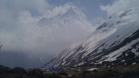 View of Machhapuchhre over Annapurna Base Camp before the snowstorm (Annapurna was covered in fog)