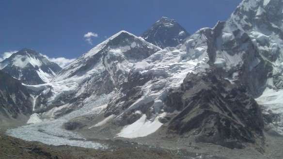 View of Mt. Everest (the large black peak) with Everest Base Camp and the Khumbu Ice Fall down in the bottom left...