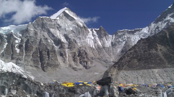View of Everest Base Camp from the Khumbu Ice Fall (looking away from Mt. Everest)...